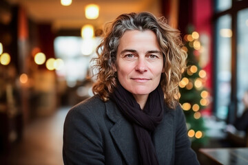 Middle age person in winter clothing posing indoors at Christmas.