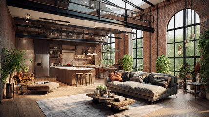 Pokój w stylu loft z z otwartą kuchnią i ścianami z cegły