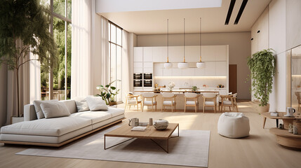 Jasne przestronne nowoczesne minimalistyczne wnętrze z kuchniąJasne przestronne nowoczesne minimalistyczne wnętrze z kuchnią
