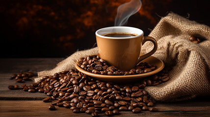 Coffee cup with coffee beans and burlap.