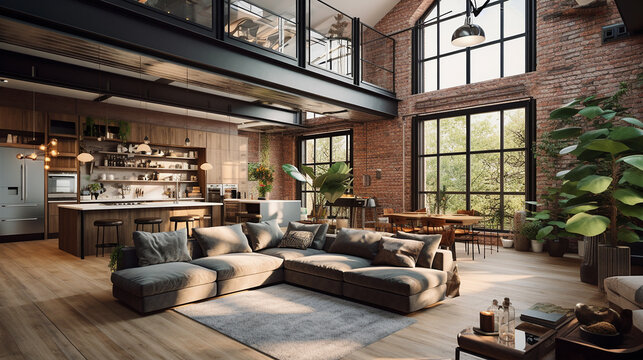 Fototapeta Pokój w stylu loft z z otwartą kuchnią i ścianami z cegły