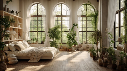 Jasny wysoki i przestronny salon z sofą roślinami domowymi firanami i wysokim sufitem