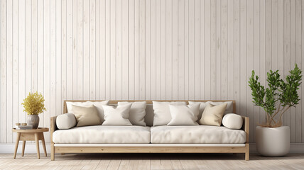 Modern living room with vacant white wall and beige couch in the morning.