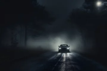 Poster car driving on an dark foggy road at night © Elena