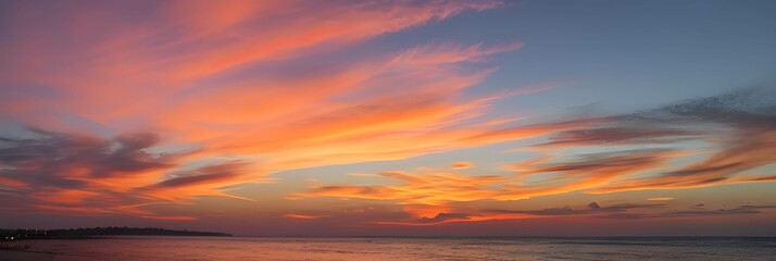 Naklejka na ściany i meble 海のホライゾンに広がる夕暮れのパノラマ：深い青色の海と鮮やかな空、夕日の光が雲をピンクとオレンジに染め上げる