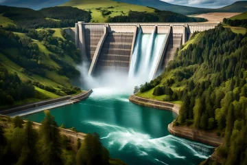 Tuinposter A Hydroelectric dam that harnesses water to generate green energy, with a distant waterfall © Stone Shoaib