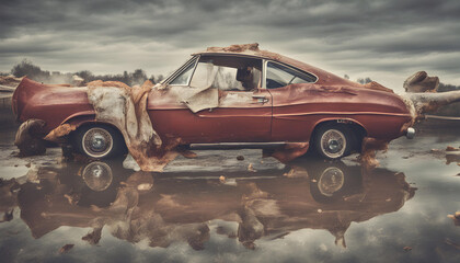 Auto d'epoca rossa trasandata lasciate andare dallo scorrere del tempo e dalla natura. - obrazy, fototapety, plakaty