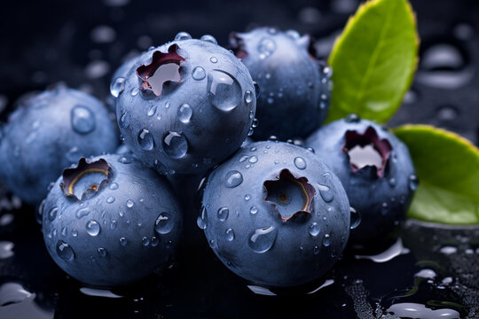 Close up photography of delicious juicy sweet forest blueberries with water droplets generative AI concept