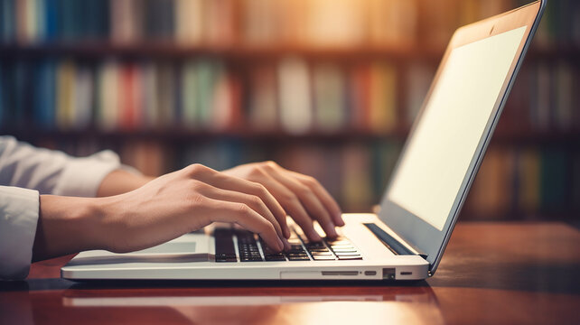 Hands of students working on laptops and studying in library to search for information on the Internet