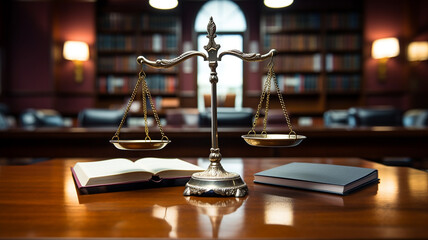 Law scale icon on desk at law firm office. - obrazy, fototapety, plakaty