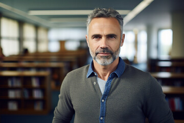 Fototapeta premium Generative AI photo of clever successful confident worker standing in modern class room in front of library bookshelf