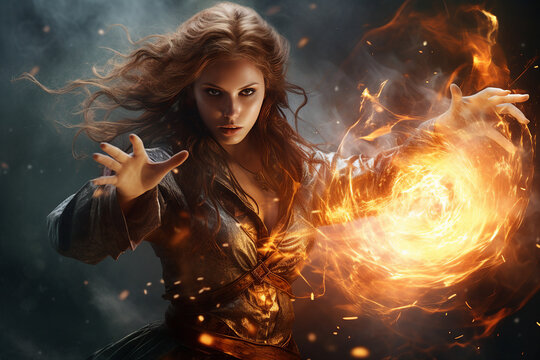 Generative AI collage picture of powerful witcher girl magic spell with burning fireball curse witchcraft