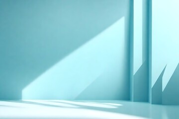 Light blue background with minimal abstract design for product display. Window shadows and light on a plaster wall mokup