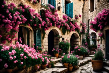 Old structures and pink blossoms in a medieval town