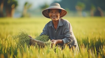 Senior Vietnamese woman, working collecting rice in the green fields of Vietnam.