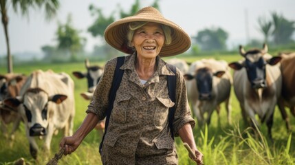 Vietnamese senior woman with a herd of cows in the green field.