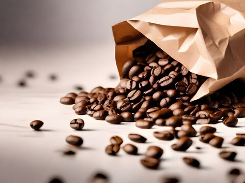 Coffee beans with paper bag packaging isolated on white background. ai generative