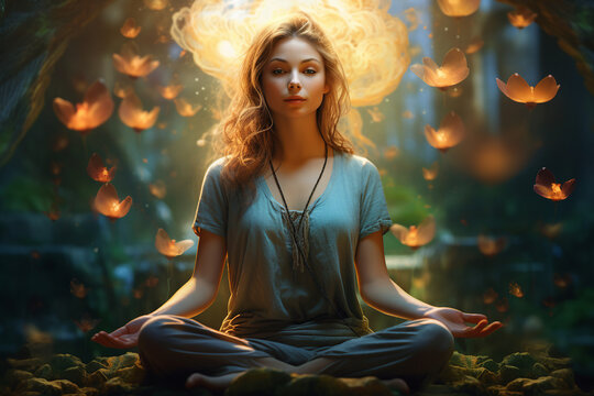 Generative ai collage photo of beautiful goddess shaman praying doing meditation
