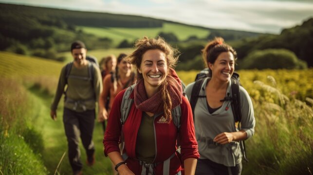 Group of friends enjoy a hiking day.