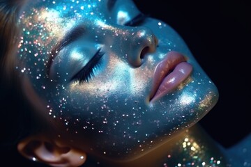 Close-up portrait of a girl with blue glitter applied to her face.