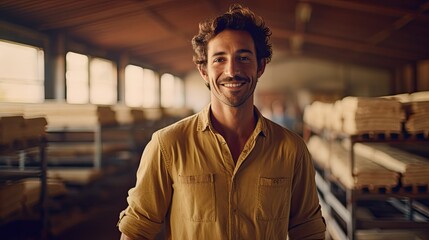 Young man cattle farmer smiling on the farm - obrazy, fototapety, plakaty