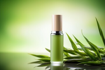 Green cosmetic bottle on a green background with foliage.