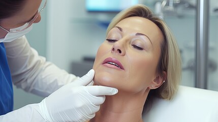 Mature woman on the stretcher in an aesthetic and beauty clinic.