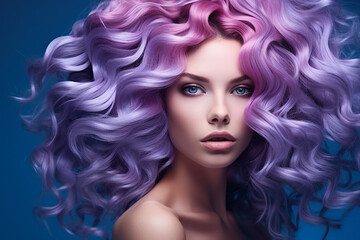 Generative AI portrait of natural beauty woman model showing flattering bright violet dyed hairstyle