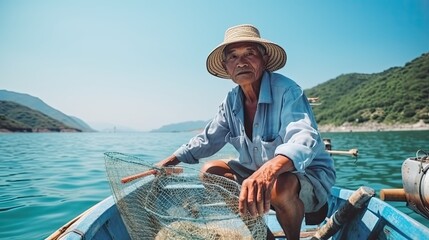 Older man from Southeast Asia, fishing with nets in the boat. - obrazy, fototapety, plakaty