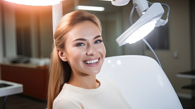 Beautiful young woman smiles with white teeth sitting in the dentist's chair.