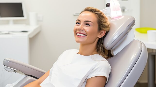 Beautiful young woman smiles with white teeth sitting in the dentist's chair.