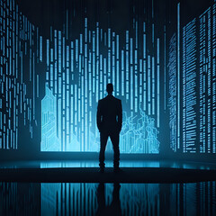 A silhouette of a person looking at a data screen