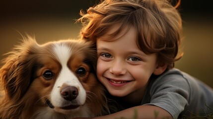 A boy sitting in the countryside with his dog friend