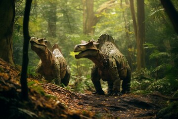 Two dinosaurs walking together in a forest. Generative AI