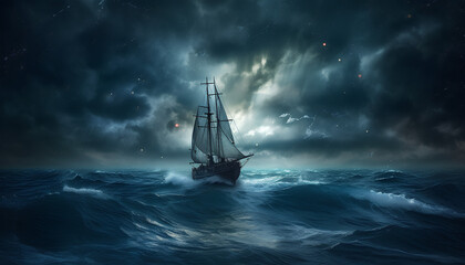 A Ship in the Ocean During a Storm - obrazy, fototapety, plakaty
