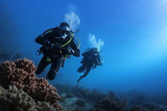 Two professional technical scuba free diver wetsuit swimming moves exploring analysis research underwater coral reef dark deep cave diving. Seascape sea bottom ocean wildlife water ecology environment