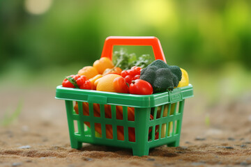 green grocery shopping basket full of fruits and vegetables on a blurred background harvest, fresh food, vitamins, healthy eating, space for text