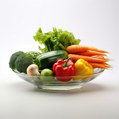 A commercial photo of fresh vegetables in a transparent glass bowl