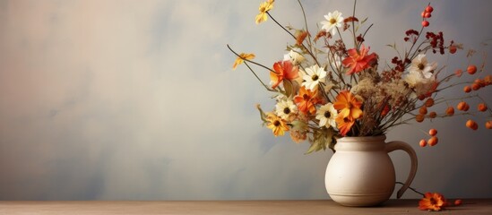 Wild flowers arranged in a clay pot on an interior table
