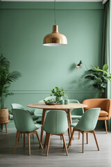 Mint color chairs at round wooden dining table in room with sofa and cabinet near green wall. Image created using artificial intelligence.