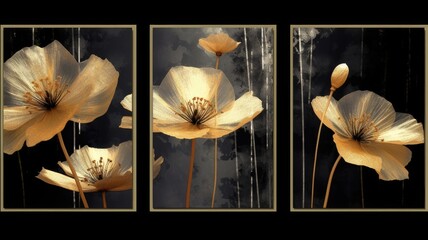 Golden Flowers with Black Paint Splatter. Ideal Floral Art Painting for Wall Frames