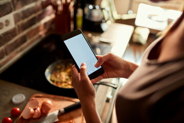 Young woman using a smartphone while preparing a healthy and organic breakfast in the morning