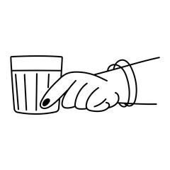 Female hand with a glass of alcoholic drink. Alcohol abuse addiction illustration. Mental health problems. Hand drawn line icon.