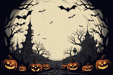 Halloween background.  Wallpaper spooky nighttime scene horizontal. AI generated