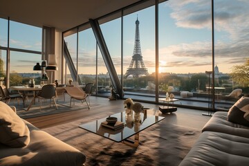 A breathtaking perspective of the iconic Eiffel Tower from a sleek Parisian flat. Generative AI - obrazy, fototapety, plakaty