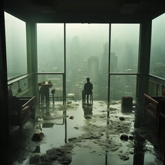 person looking at the city through the large window of a skyscraper after an earthquake or catastrophe