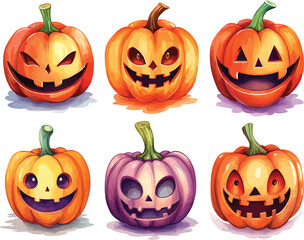 Funny Halloween pumpkins clip art watercolor illustration, Jack O Lantern, vector illustration