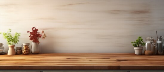 Wooden counter with kitchen cabinets in the background