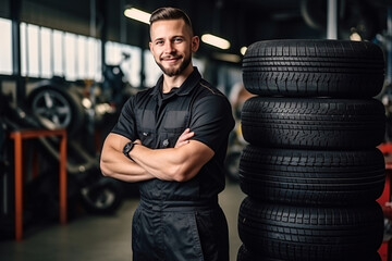 Portrait of smiling professional mechanic and new car tyre at auto repair shop. Technician man at auto repair service center. Changing tire shop. Repair or maintenance auto service.