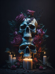 Skull in flowers, gloomy background. AI
